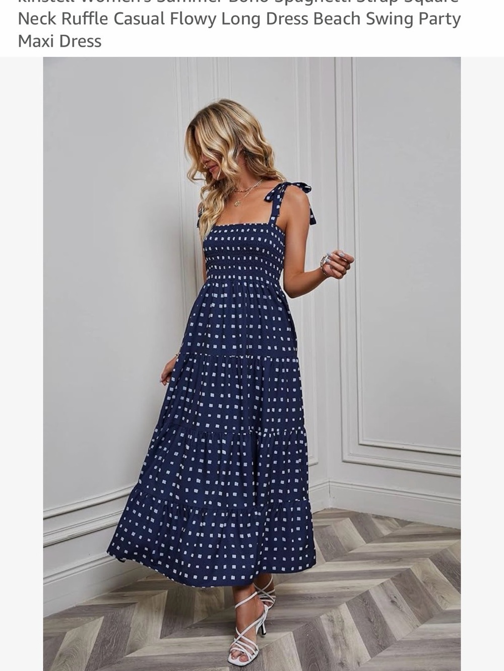 Smocked Navy Square-Dot Tie-Shoulder Maxi Dress